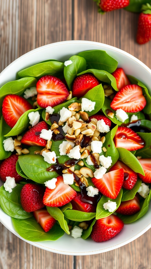 A colorful strawberry spinach salad with strawberries, spinach, nuts, and feta cheese on a rustic table.